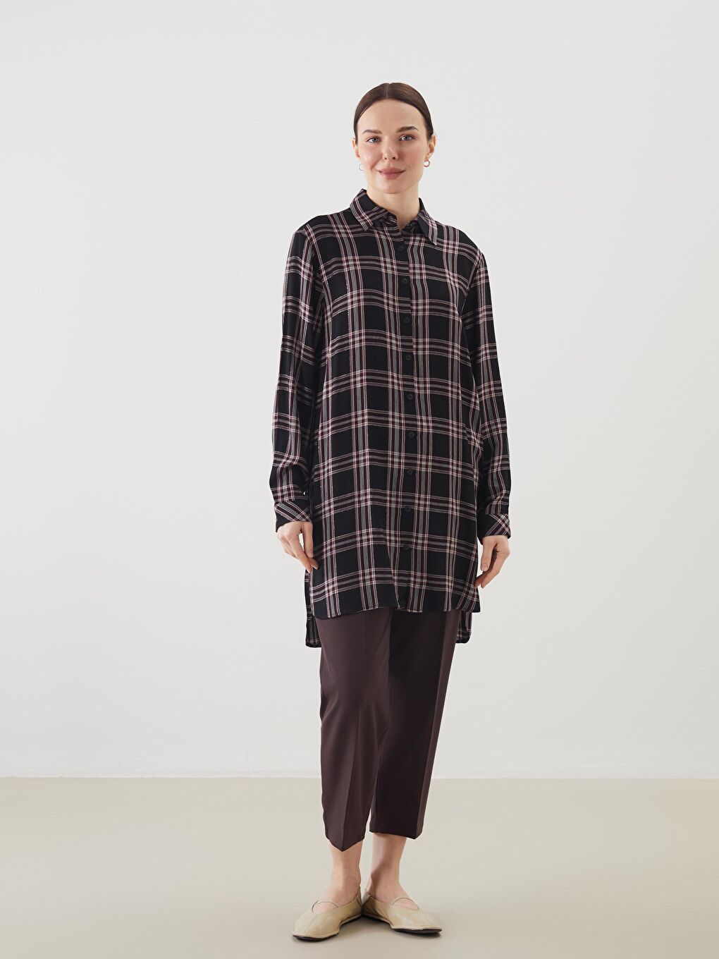 Siyah Ekose Kadın Gömlek Tunik-1