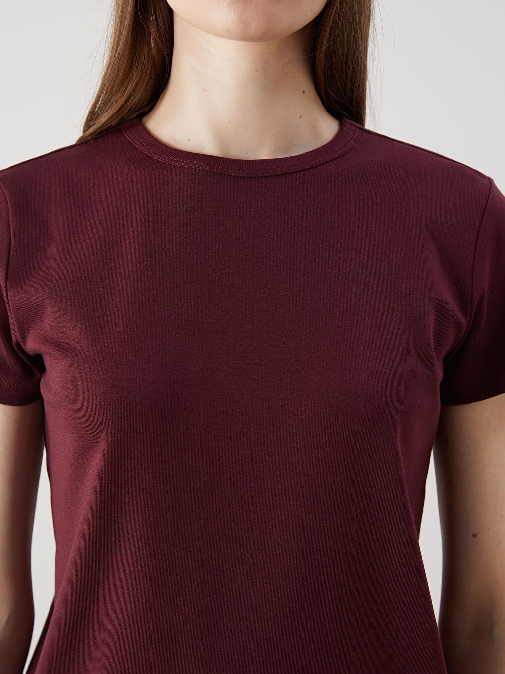 Bordo Bisiklet Yaka Modal Karışımlı Kadın Tişört-2