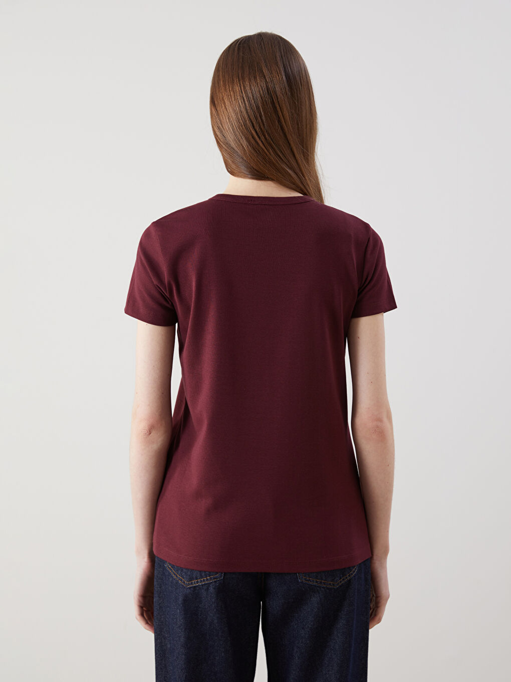 Bordo Bisiklet Yaka Modal Karışımlı Kadın Tişört-3