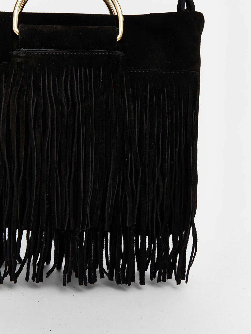 Siyah Hakiki Deri Püsküllü Kadın Omuz Çantası-3