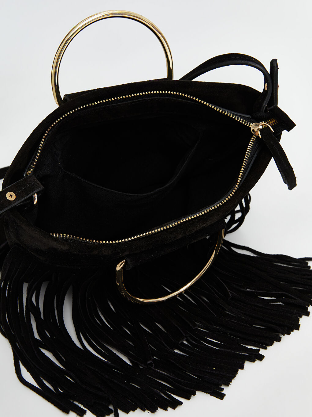 Siyah Hakiki Deri Püsküllü Kadın Omuz Çantası-4