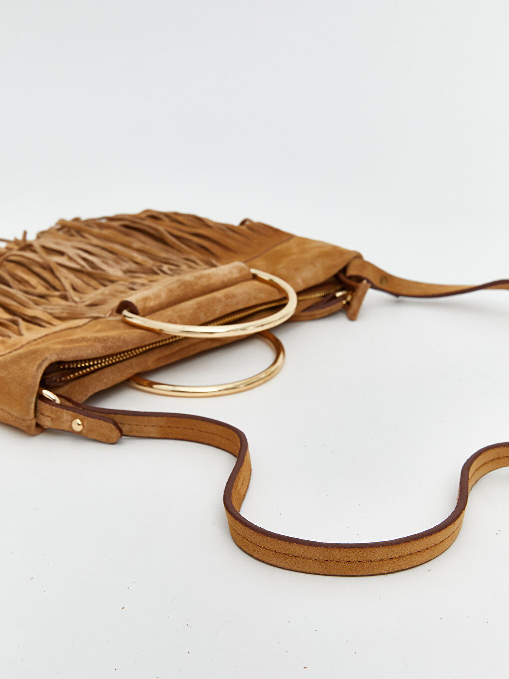 Kahverengi Hakiki Deri Püsküllü Kadın Omuz Çantası-1