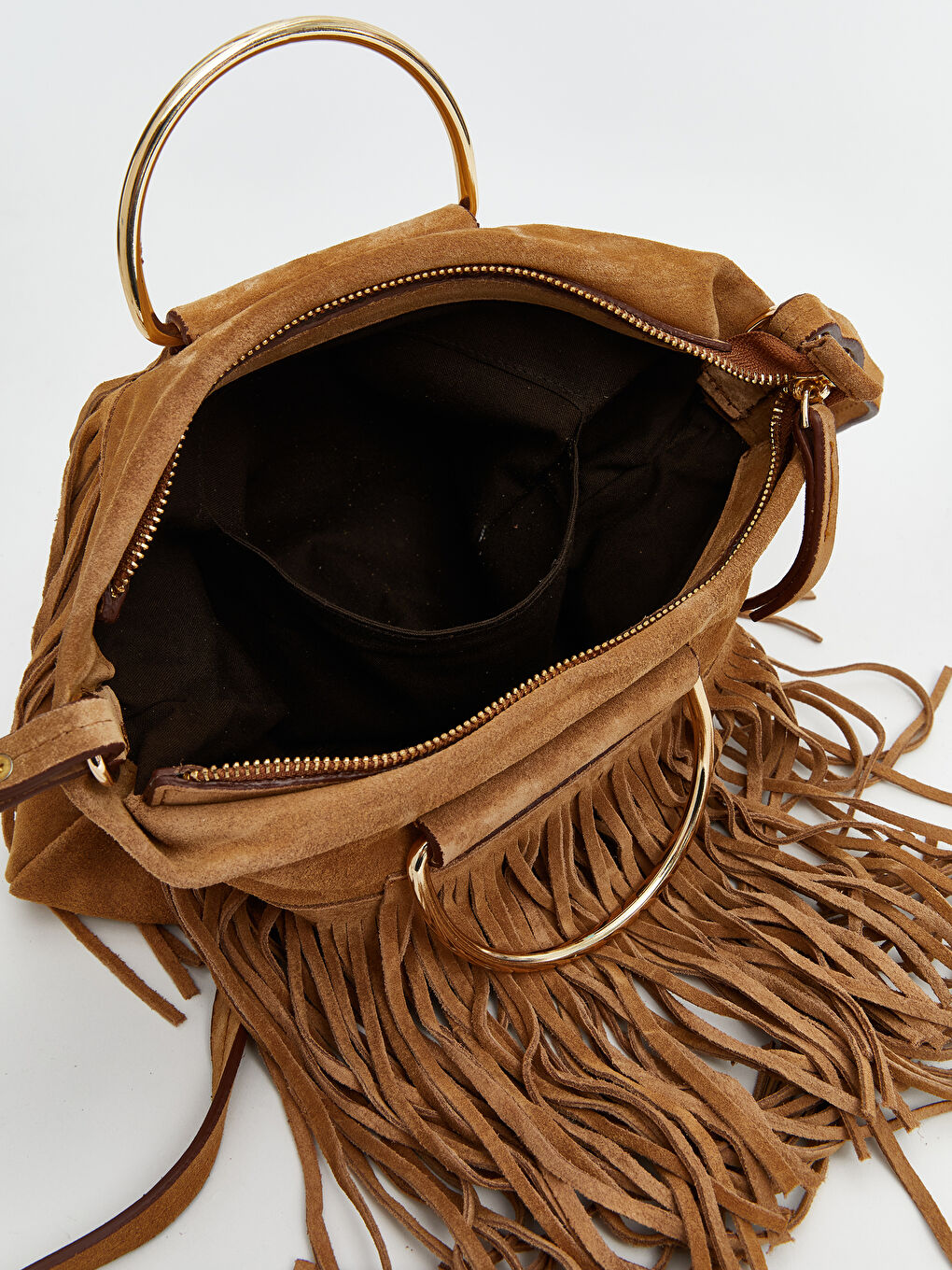 Kahverengi Hakiki Deri Püsküllü Kadın Omuz Çantası-3