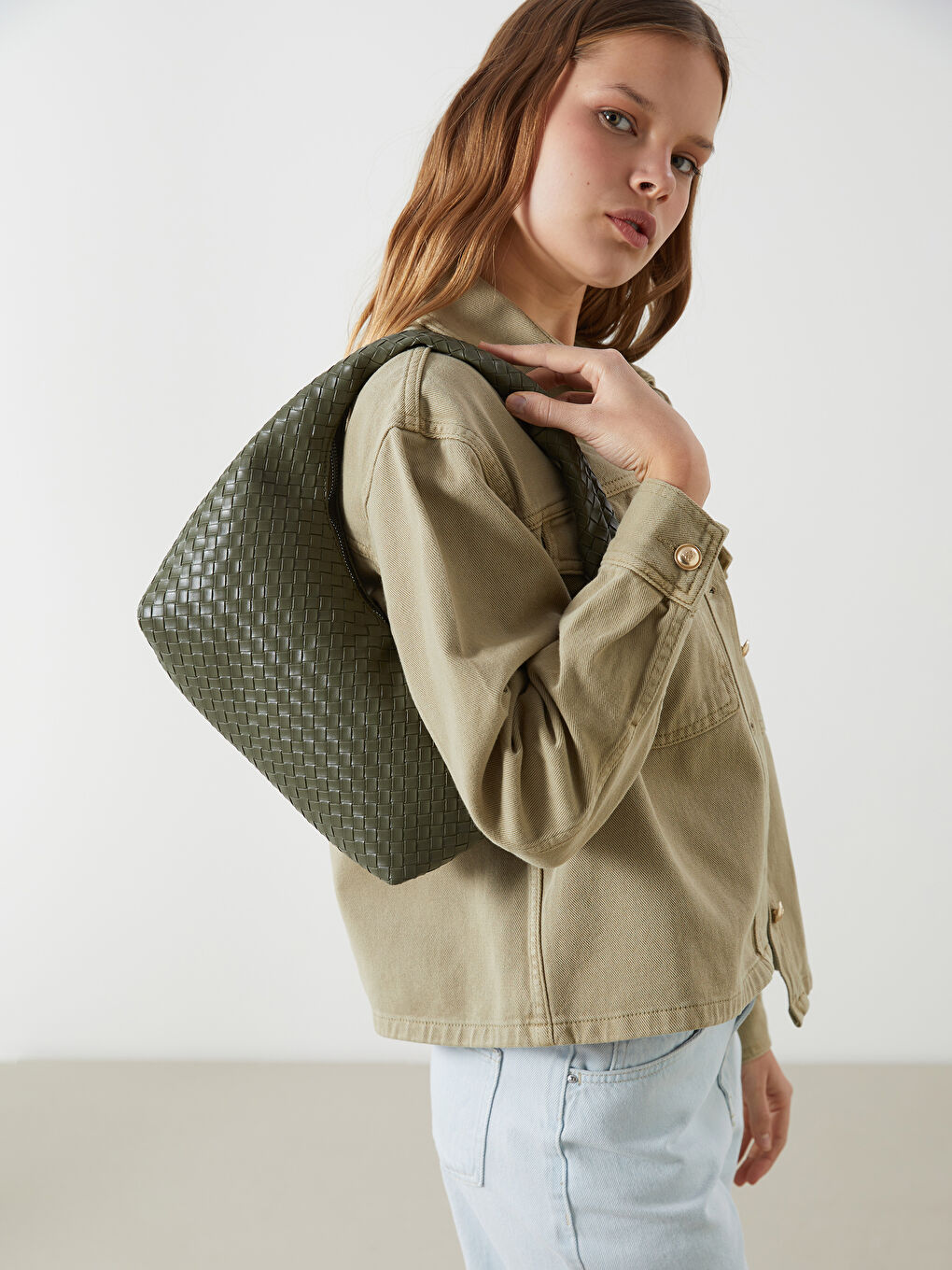 Haki Deri Görünümlü Kadın Omuz Çantası