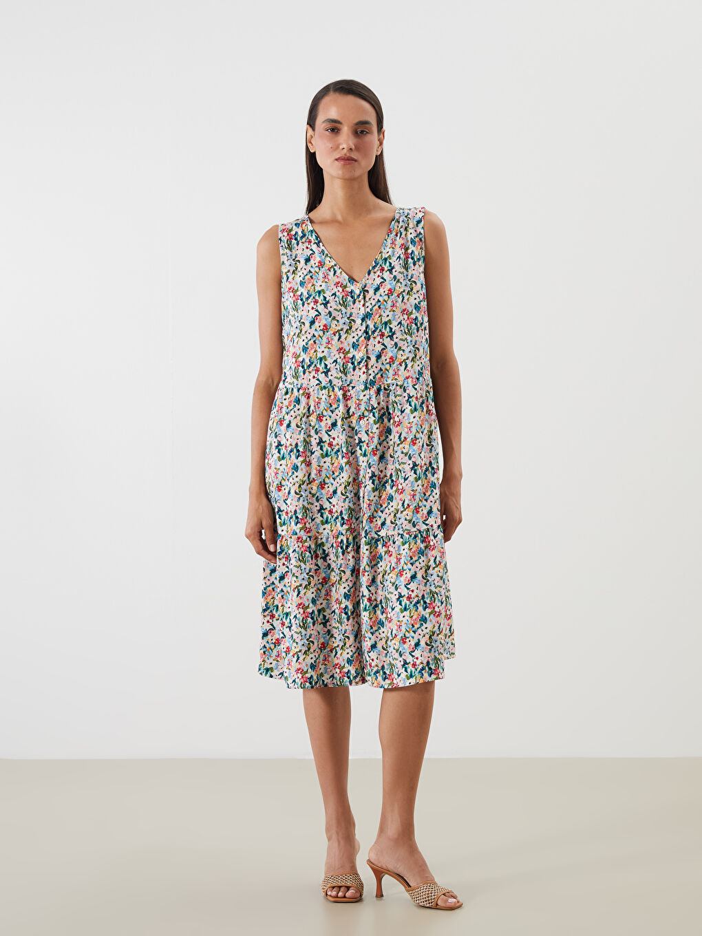 Karışık V Yaka Çiçekli A Kesim Elbise-1