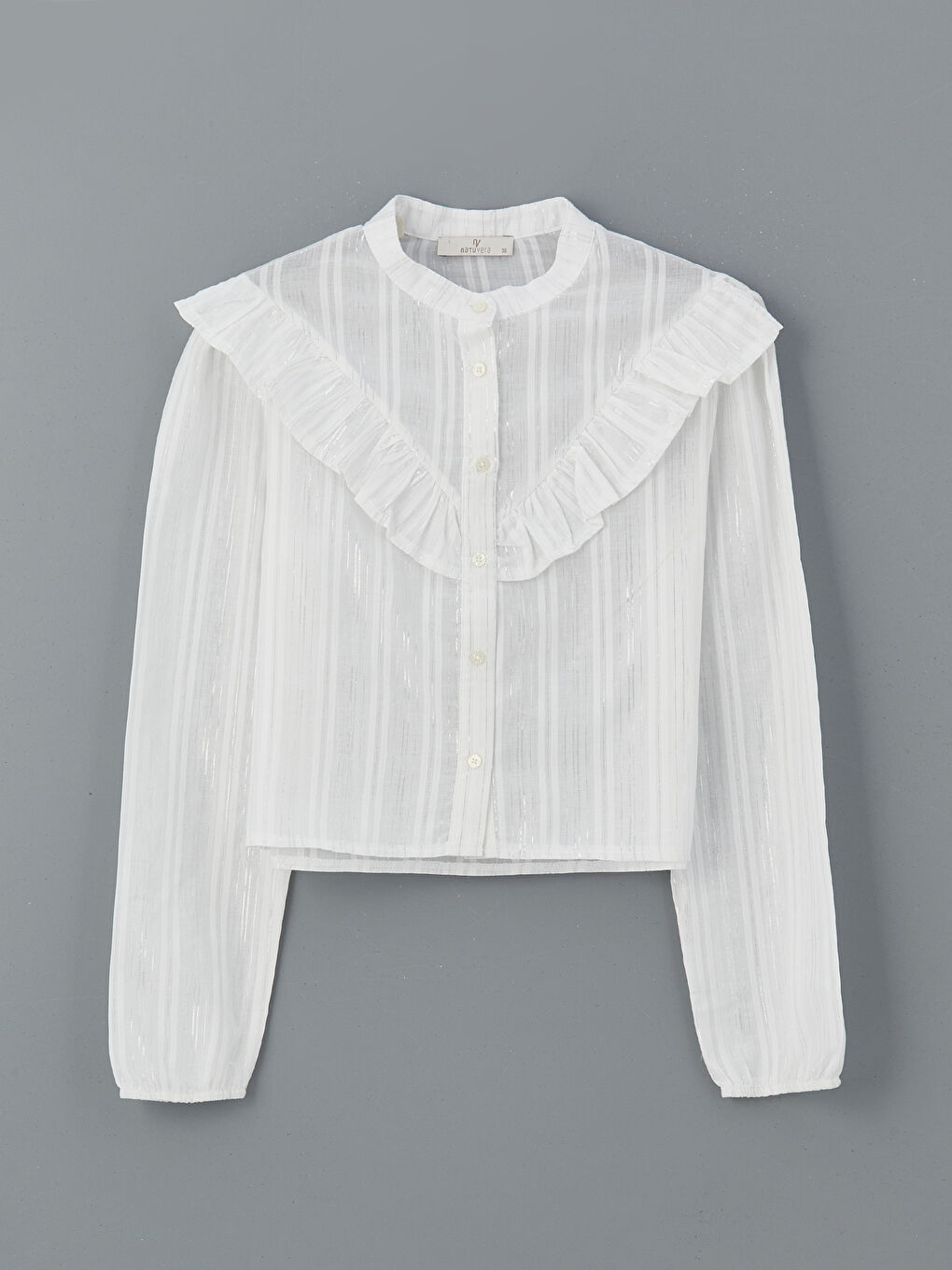 Beyaz Dik Yaka Çizgili Crop Kadın Gömlek-4