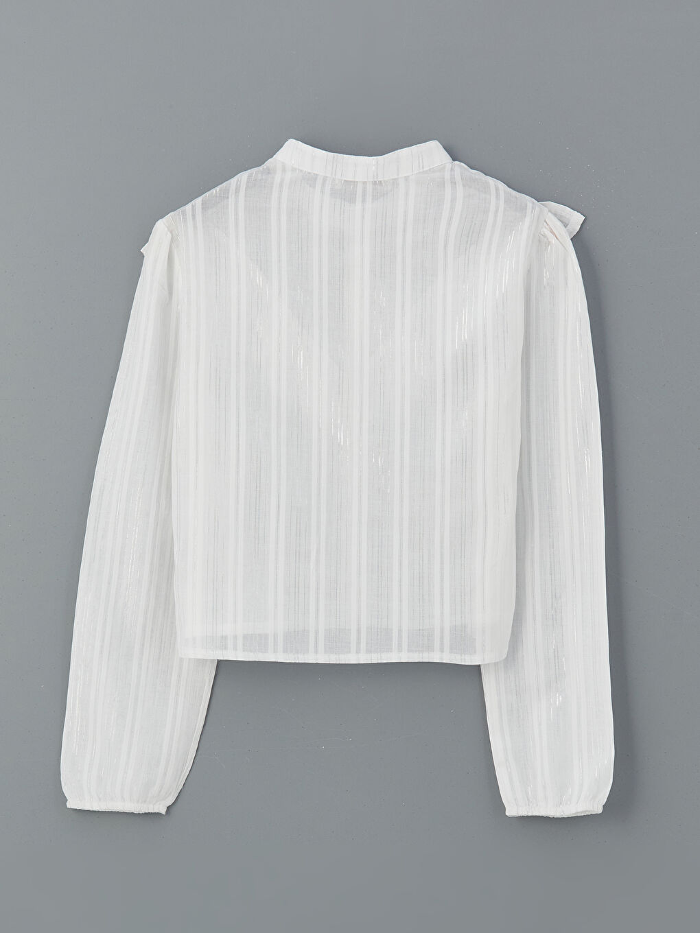 Beyaz Dik Yaka Çizgili Crop Kadın Gömlek-5