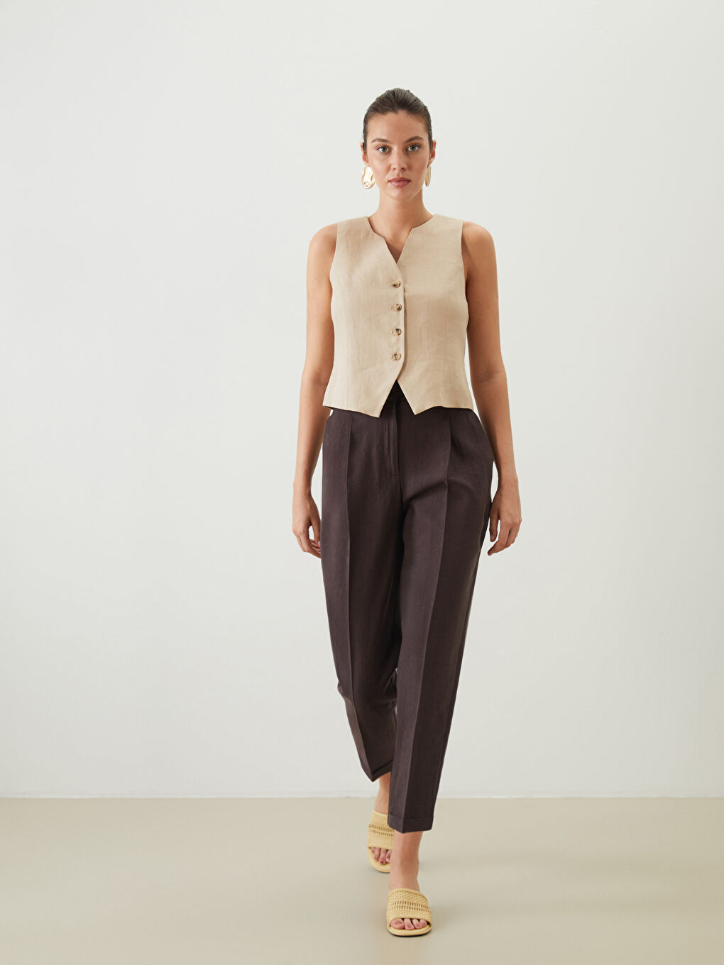 Kahverengi Loose Fit Cigarette Kadın Pantolon