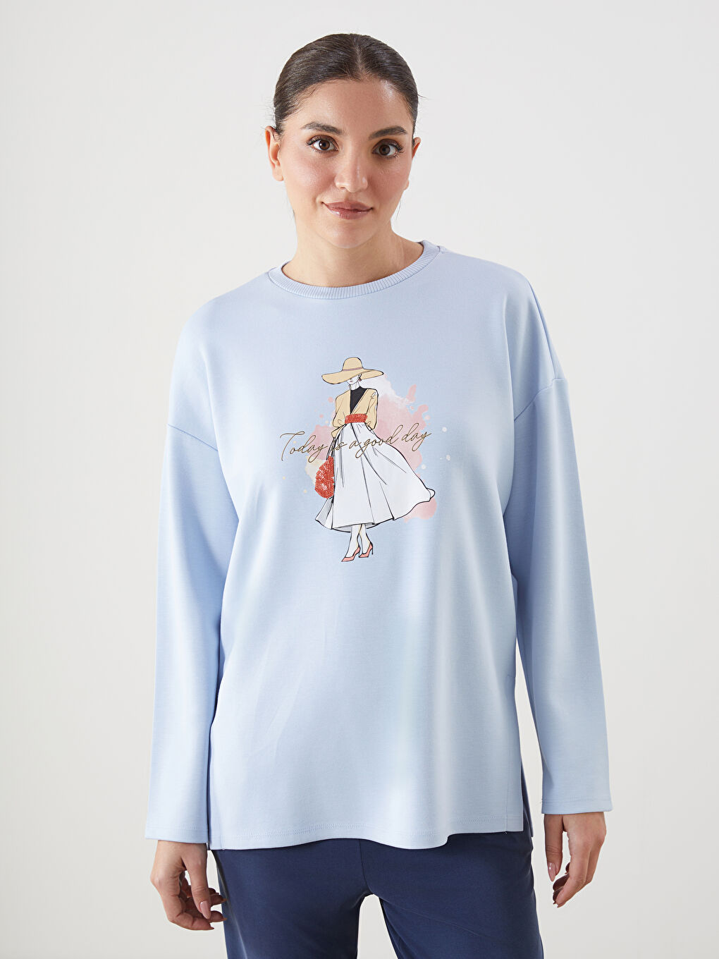 Mavi Baskılı Oversize Kadın Sweatshirt Tunik