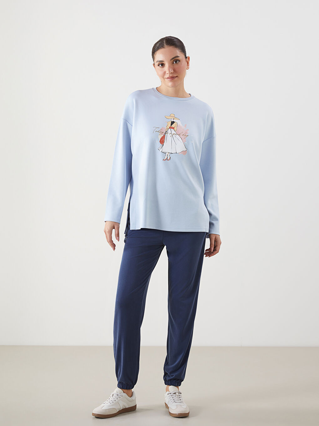 Mavi Baskılı Oversize Kadın Sweatshirt Tunik-1