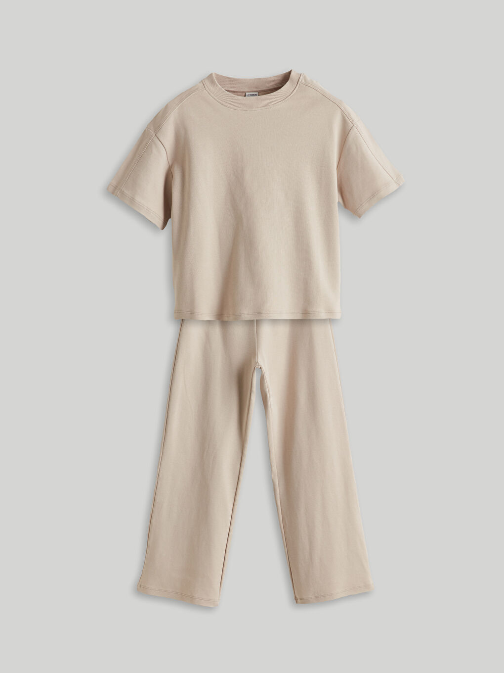 Bej Bisiklet Yaka Kız Çocuk Tişört ve Eşofman Altı
