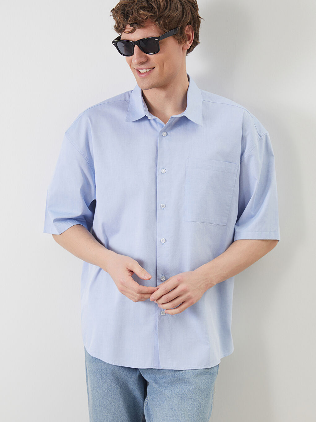 Mavi Rahat Kalıp Kısa Kollu Erkek Gömlek
