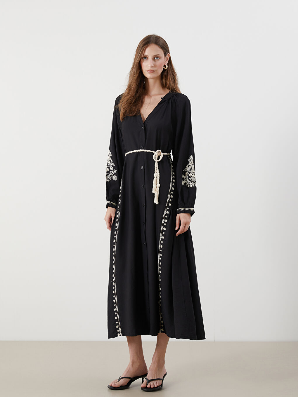 Notch Neck Embroidered Sash Dress