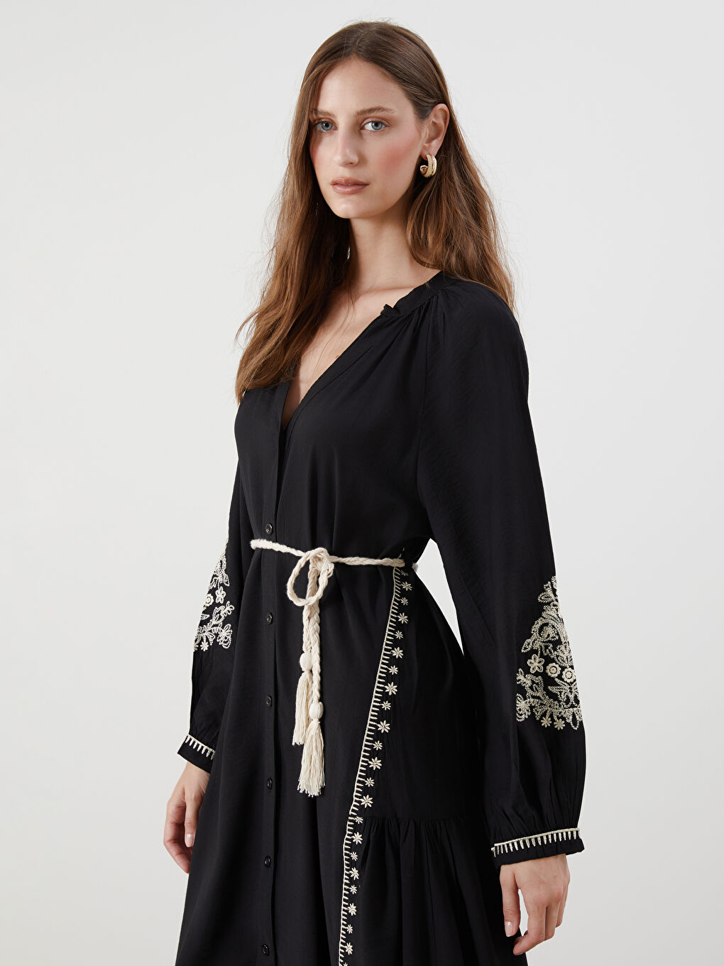 Notch Neck Embroidered Sash Dress-1