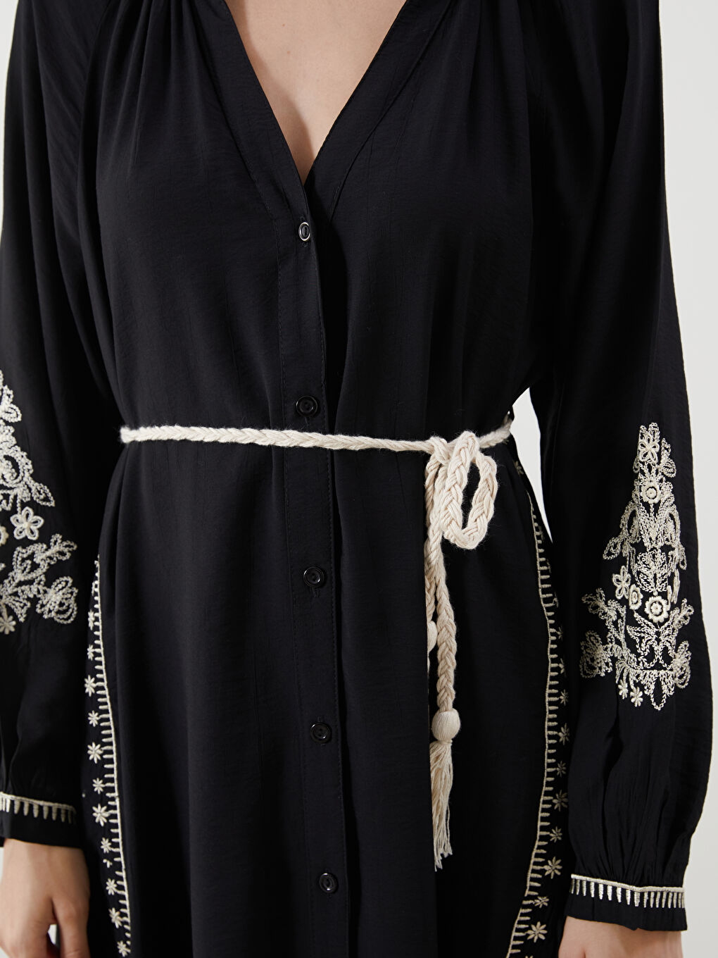 Notch Neck Embroidered Sash Dress-2