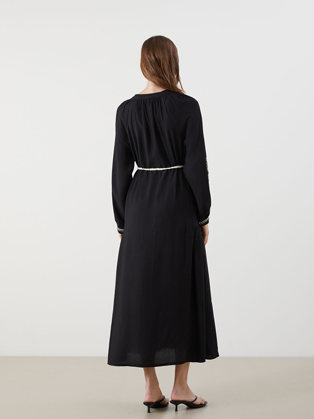 Notch Neck Embroidered Sash Dress-3