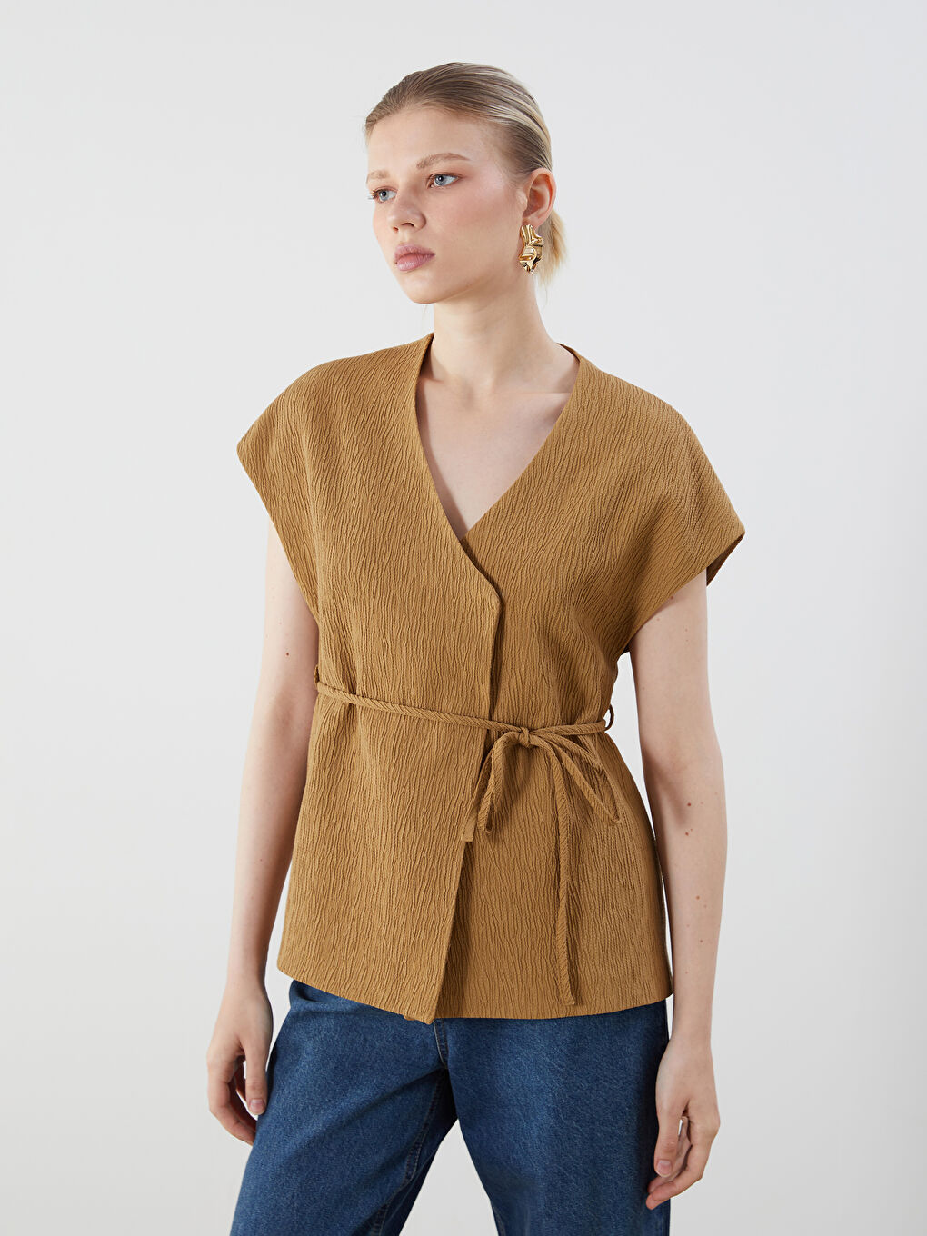 Haki Kruvaze Yaka Dokulu Kadın Klasik Yelek