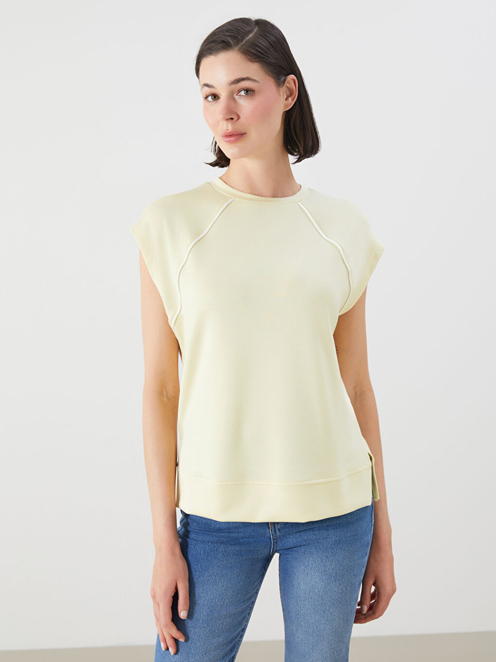 Sarı Bisiklet Yaka Oversize Kadın Tişört