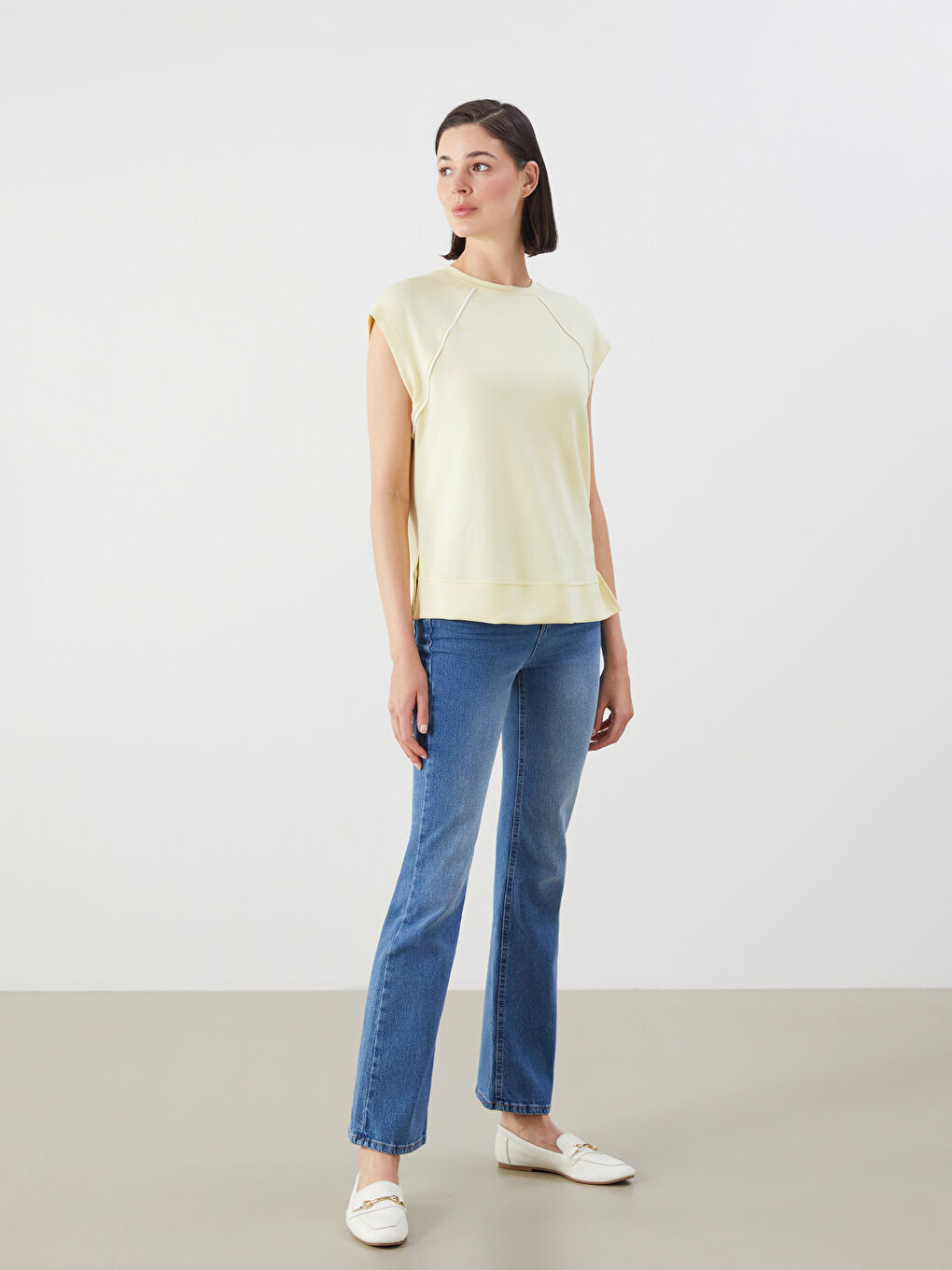 Sarı Bisiklet Yaka Oversize Kadın Tişört-1