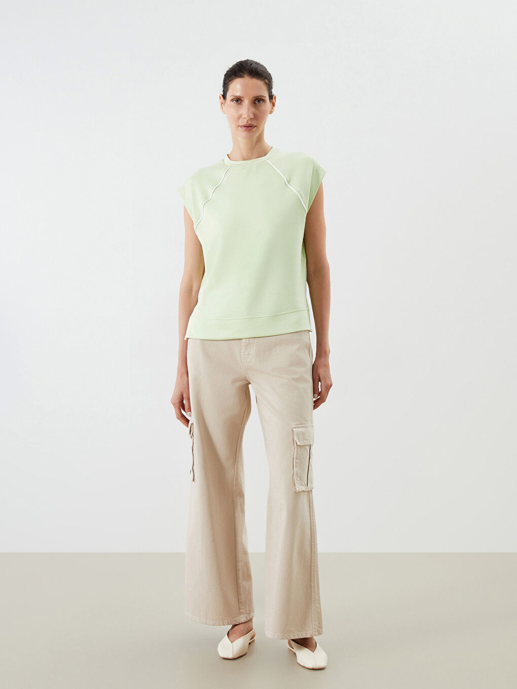 Yeşil Bisiklet Yaka Oversize Kadın Tişört-1