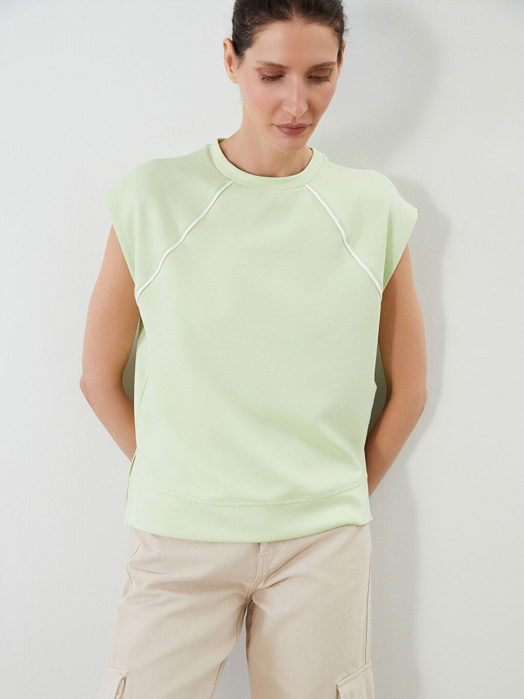 Yeşil Bisiklet Yaka Oversize Kadın Tişört-2