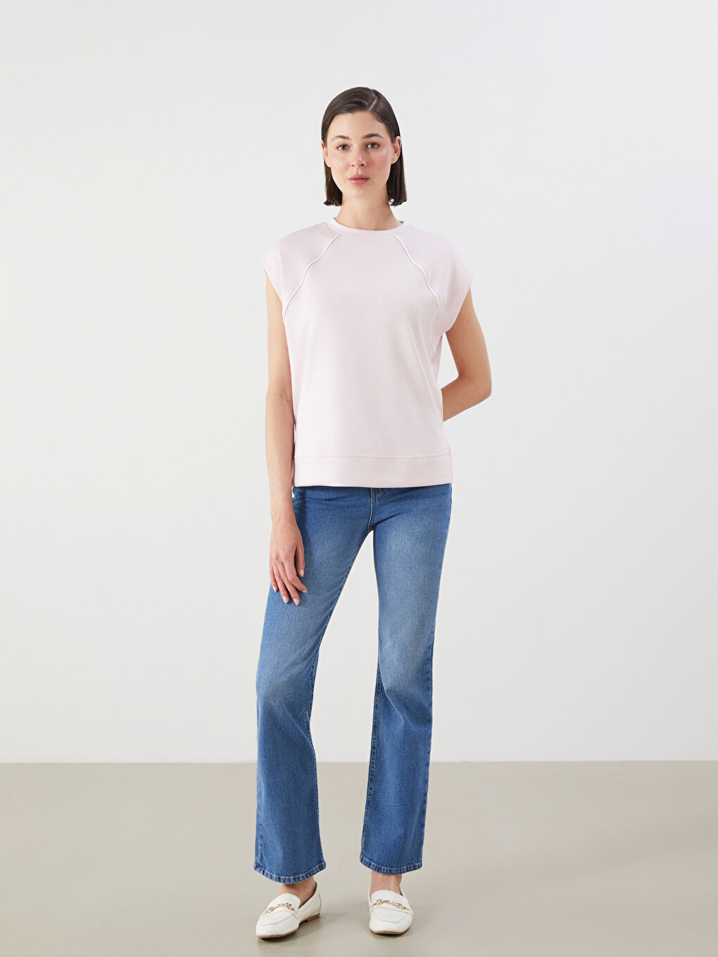 Pembe Bisiklet Yaka Oversize Kadın Tişört-1