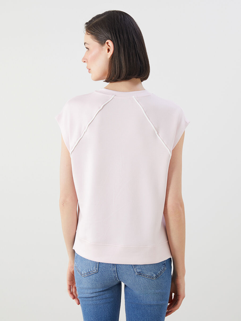 Pembe Bisiklet Yaka Oversize Kadın Tişört-3