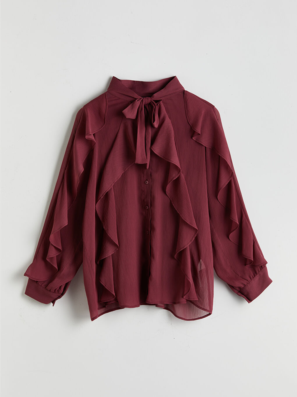 Mürdüm Bağlamalı Yaka Fırfırlı Kadın Bluz-4