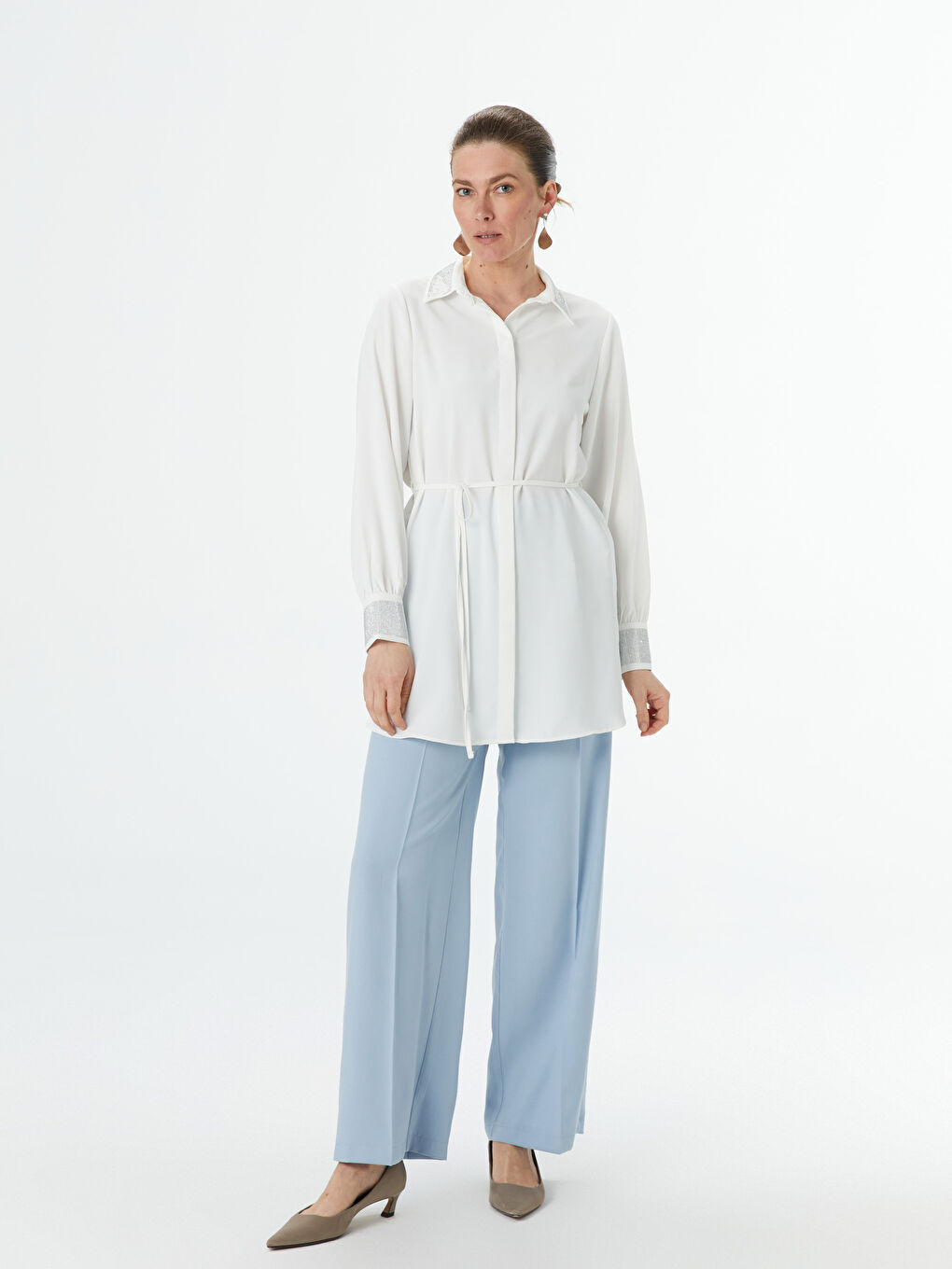 Beyaz Parlak Taşlı Kadın Gömlek Tunik-1