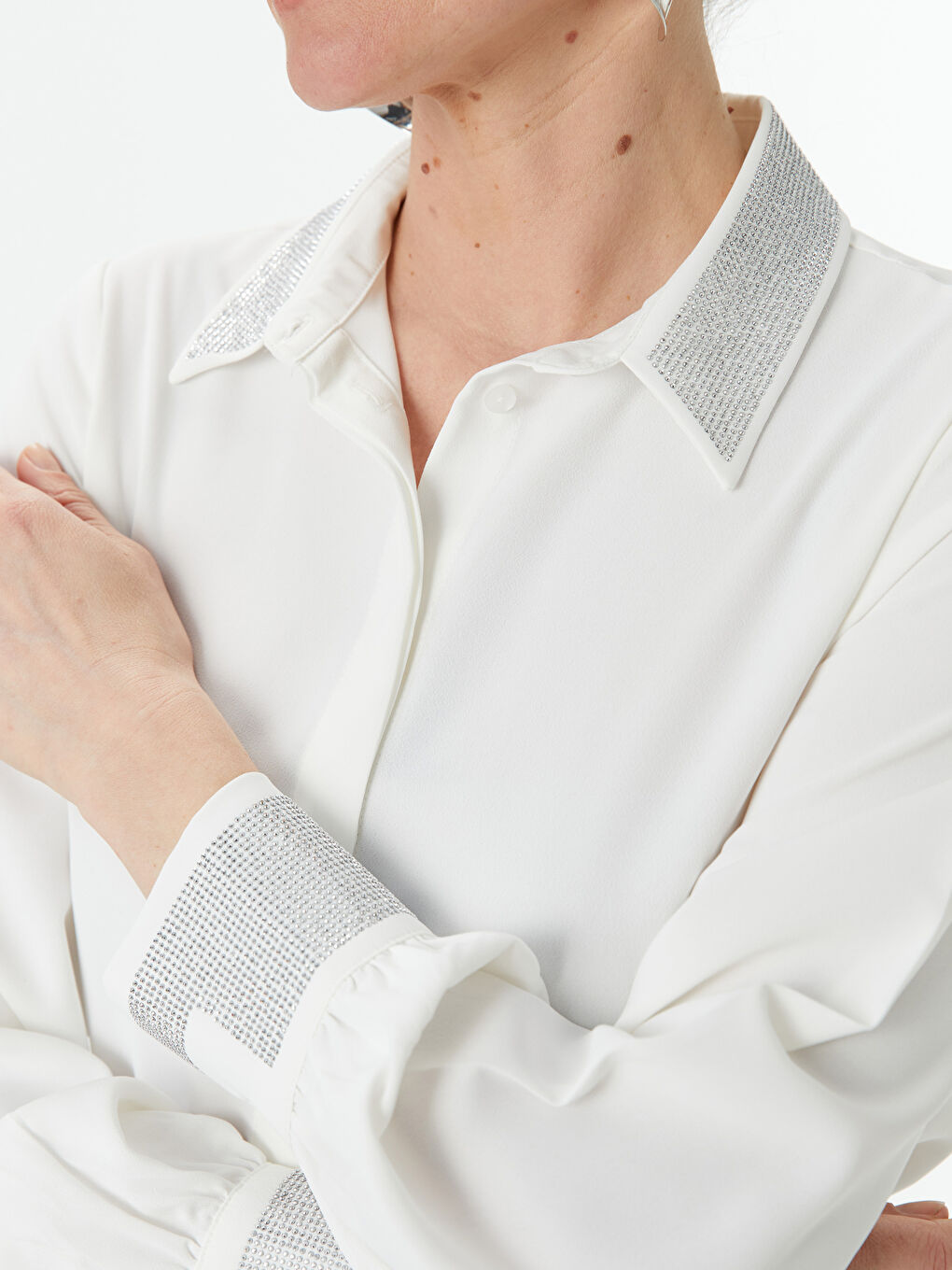 Beyaz Parlak Taşlı Kadın Gömlek Tunik-2