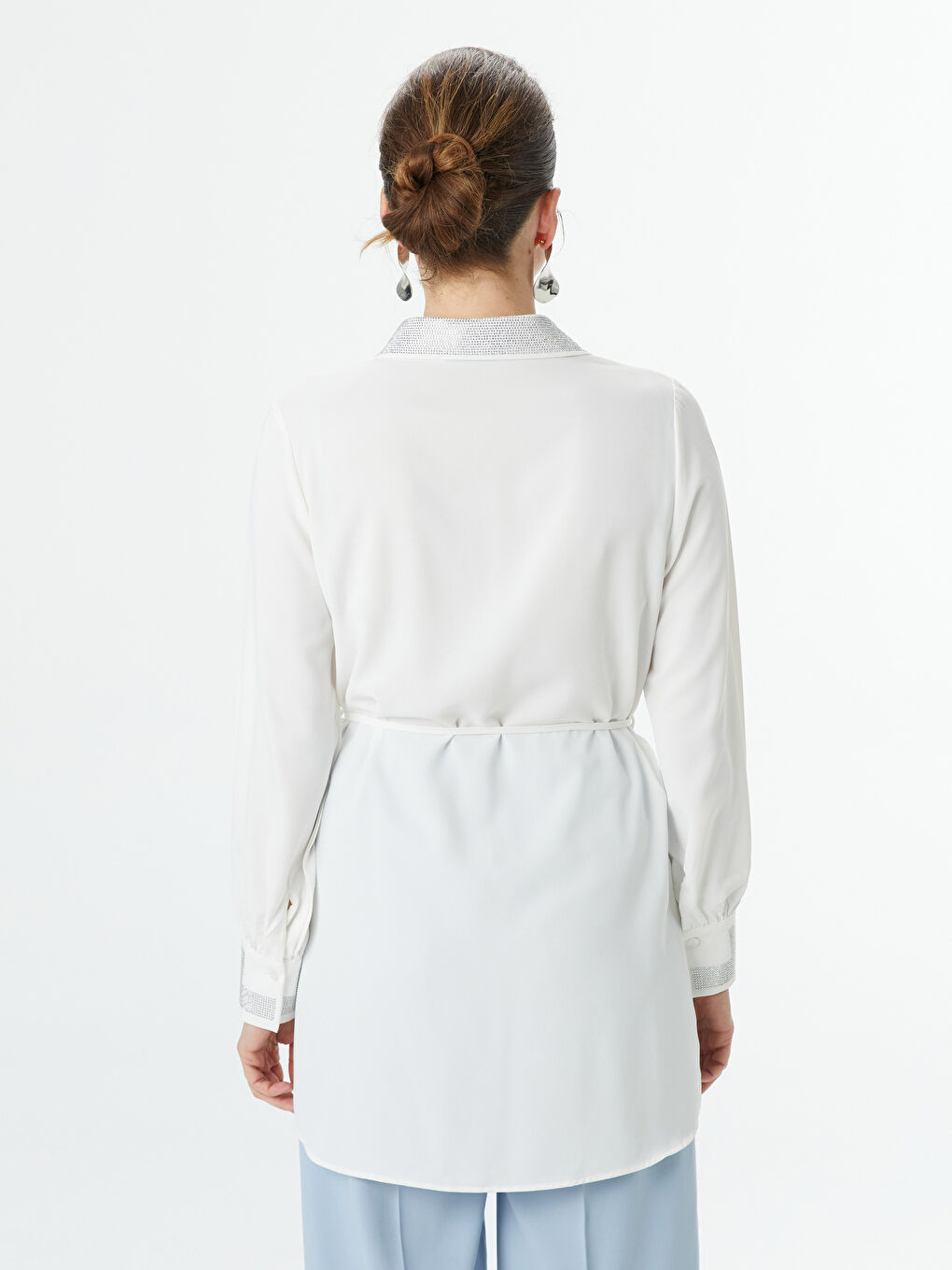 Beyaz Parlak Taşlı Kadın Gömlek Tunik-3