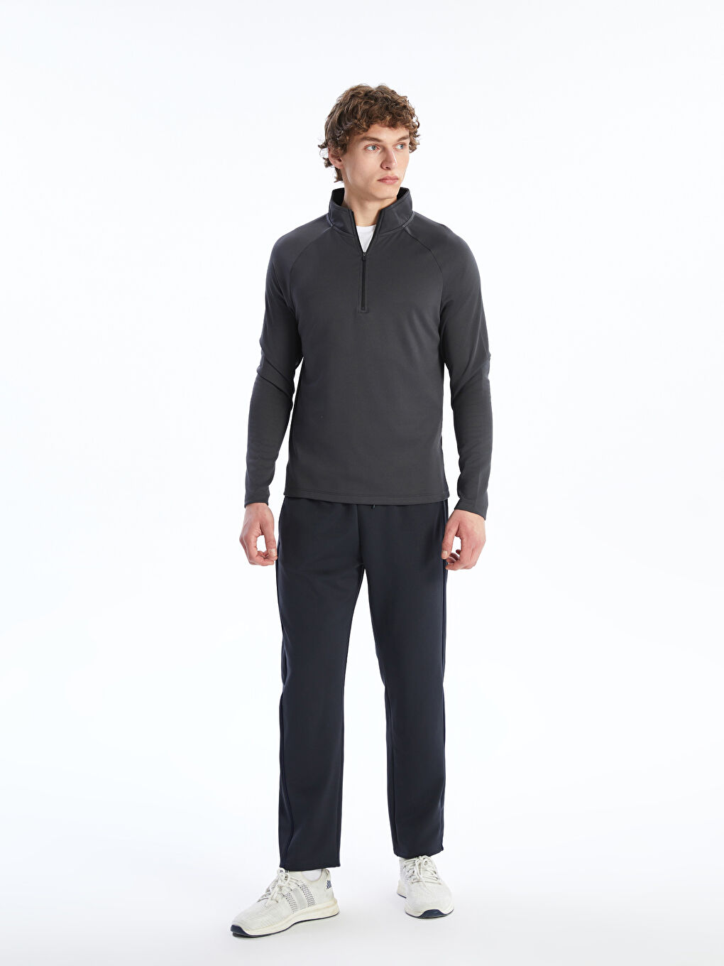 Gri Fermuarlı Dik Yaka Uzun Kollu Erkek Sweatshirt-1