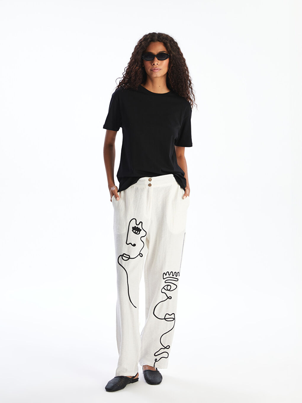 Elastic Waist Embroidered Women's Trousers