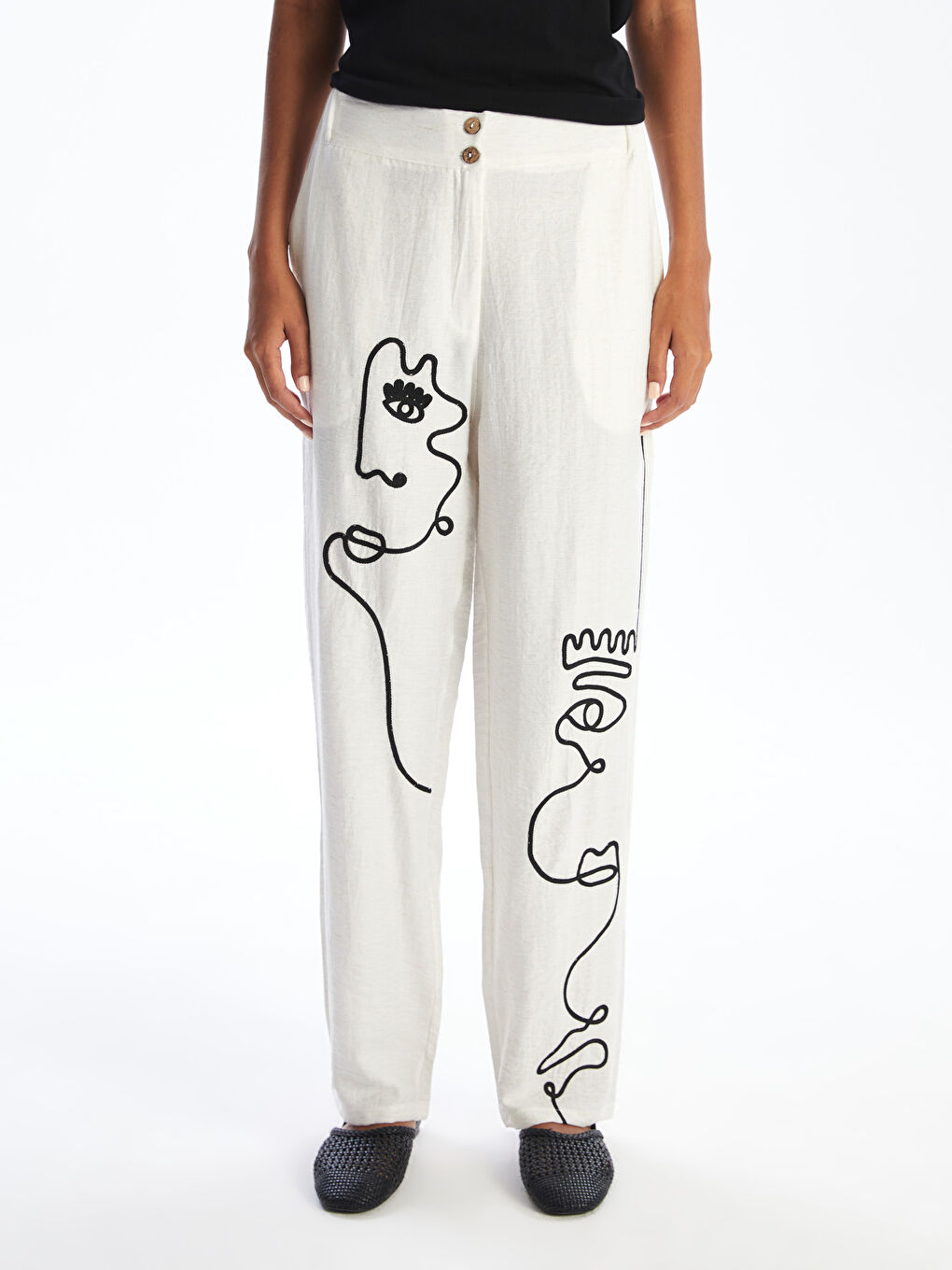 Elastic Waist Embroidered Women's Trousers-1