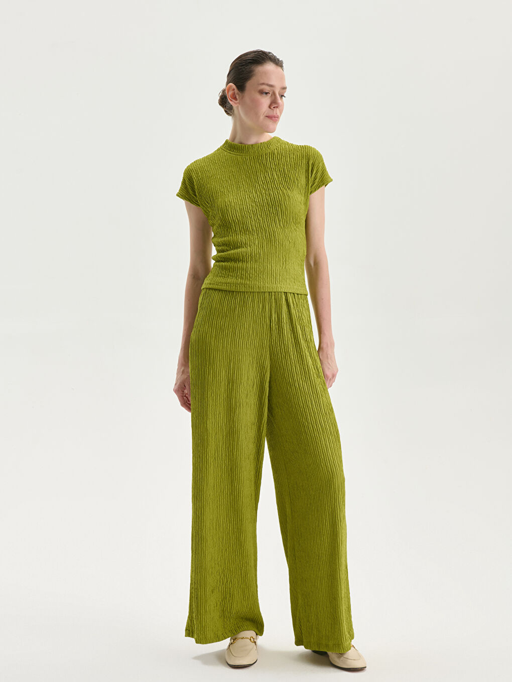 Elasticated Waist Textured Women's Trousers -S5NO06Z8-VA2
