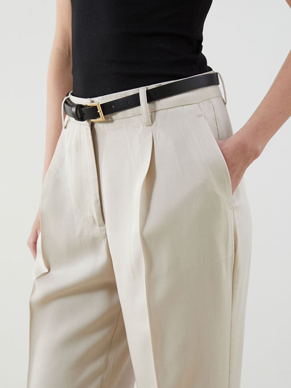 Bej Beli Kemerli Kadın Pantolon-2