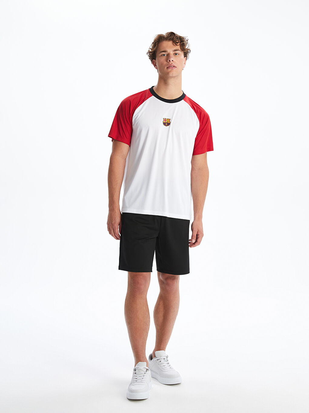 Beyaz Bisiklet Yaka Barcelona Baskılı Erkek Taraftar Tişört-1
