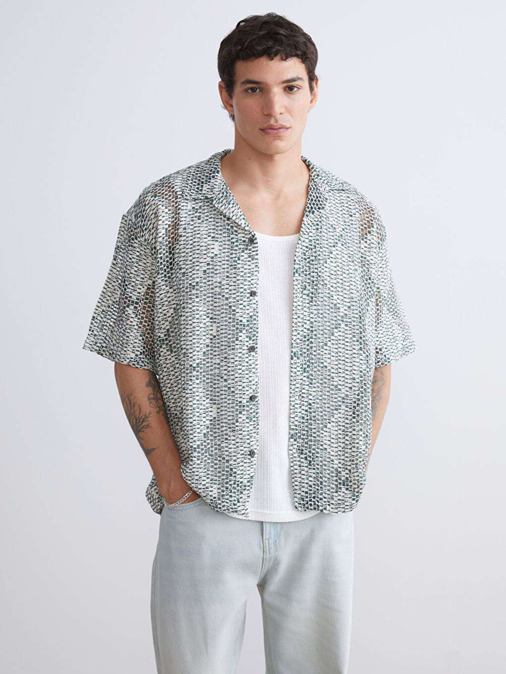 Yeşil Regular Fit Kısa Kollu Desenli Erkek Gömlek-1