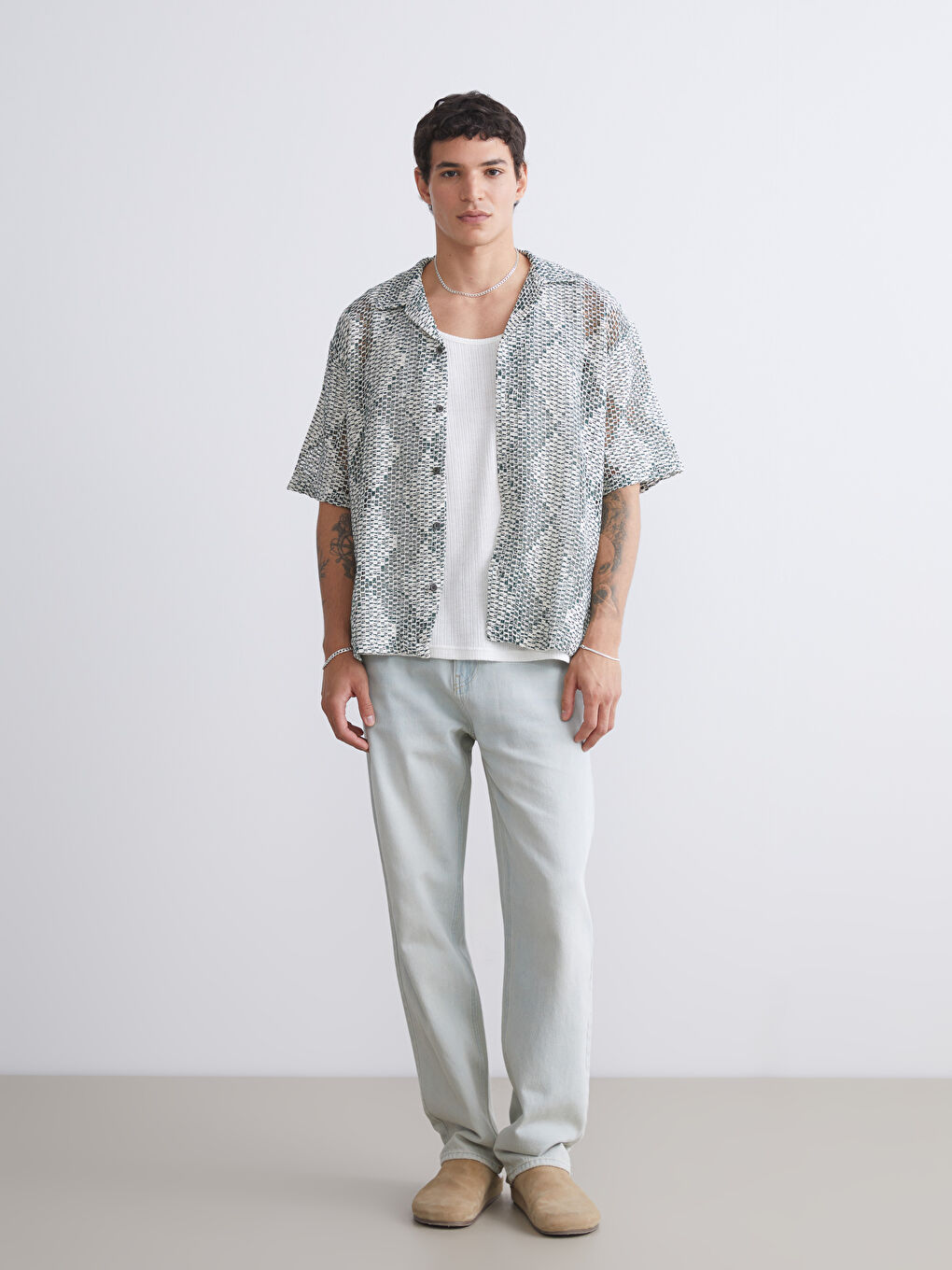 Yeşil Regular Fit Kısa Kollu Desenli Erkek Gömlek-2