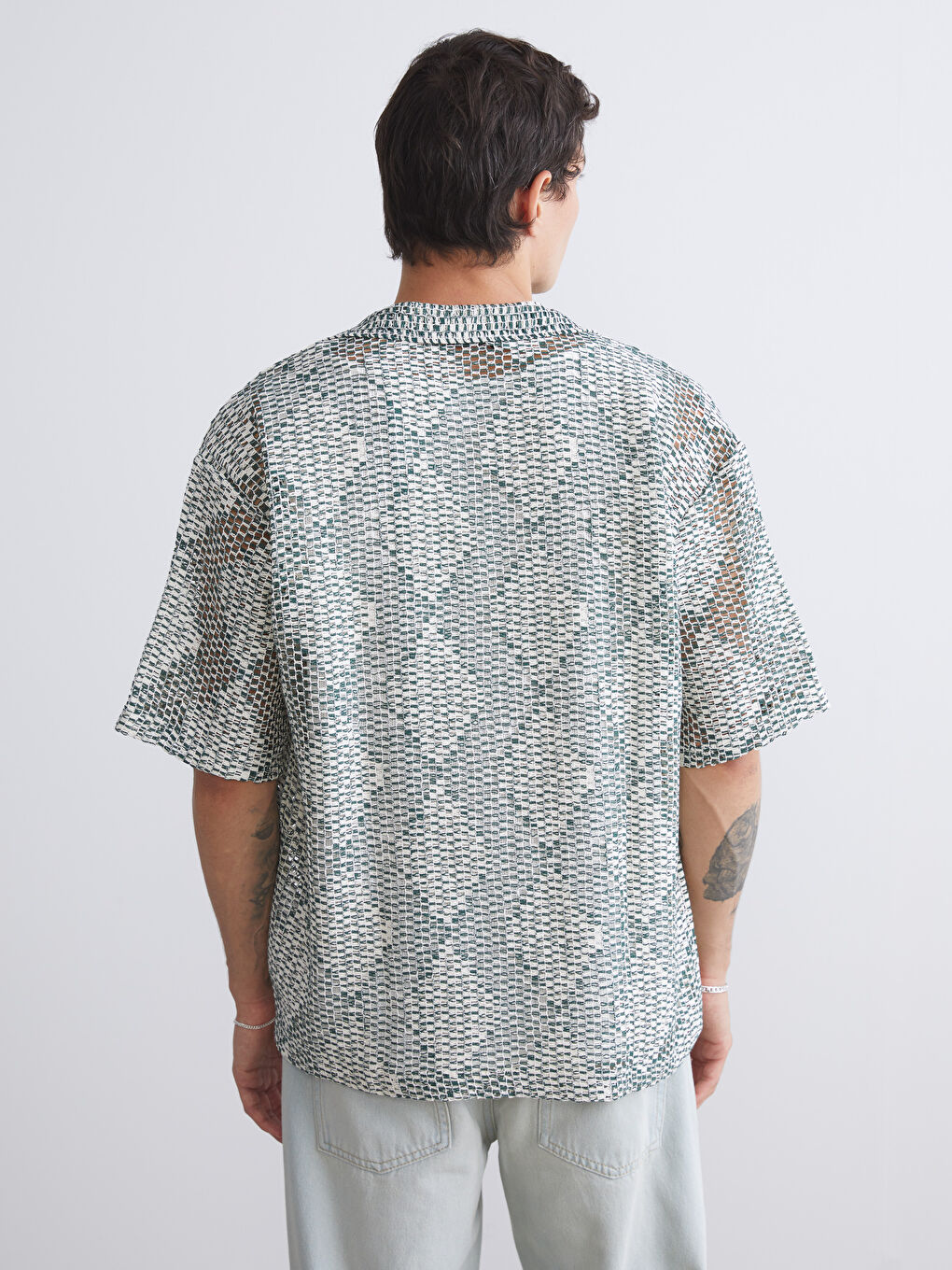 Yeşil Regular Fit Kısa Kollu Desenli Erkek Gömlek-5