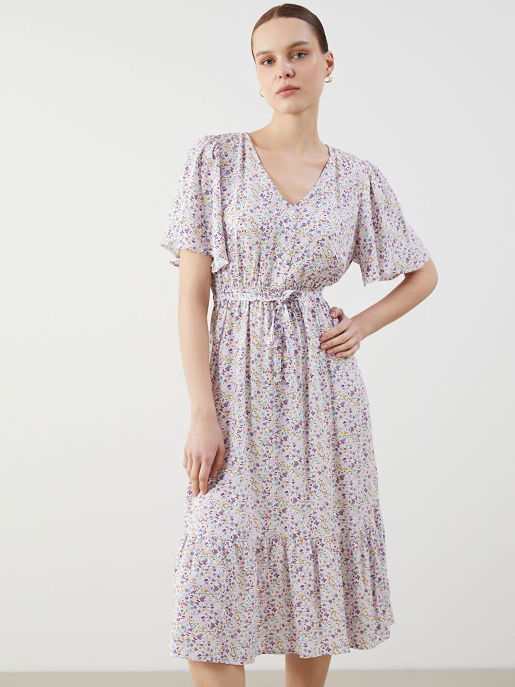 Lila V Yaka Çiçekli Elbise-1