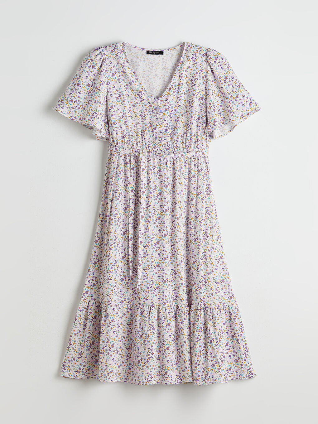 Lila V Yaka Çiçekli Elbise-4