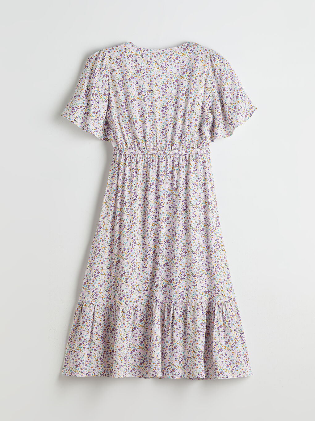 Lila V Yaka Çiçekli Elbise-5