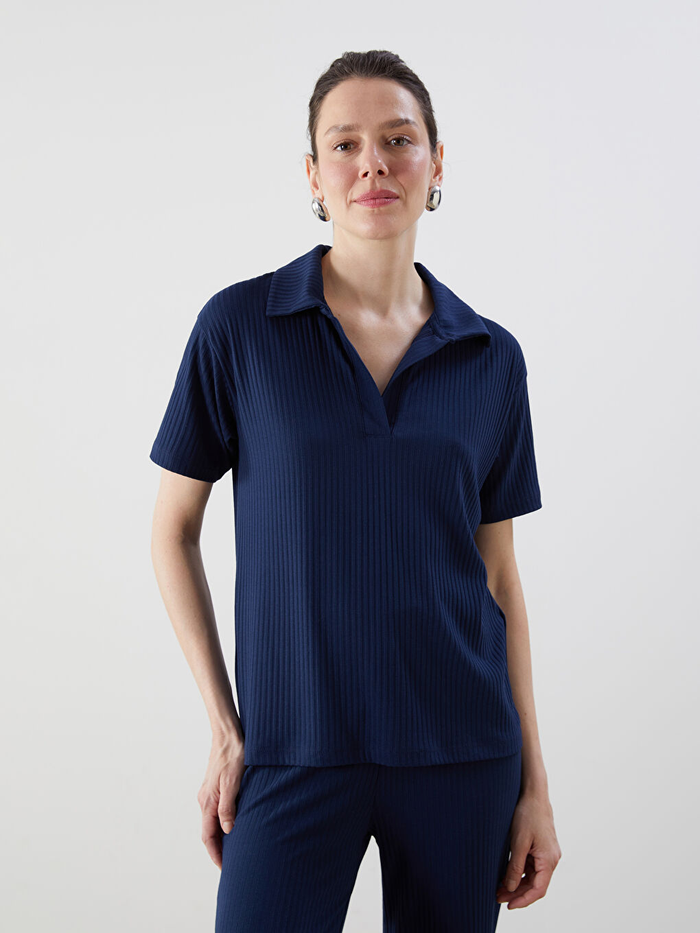 Polo Neck Textured Women'S T-Shirt -S5NP72Z8-D5J