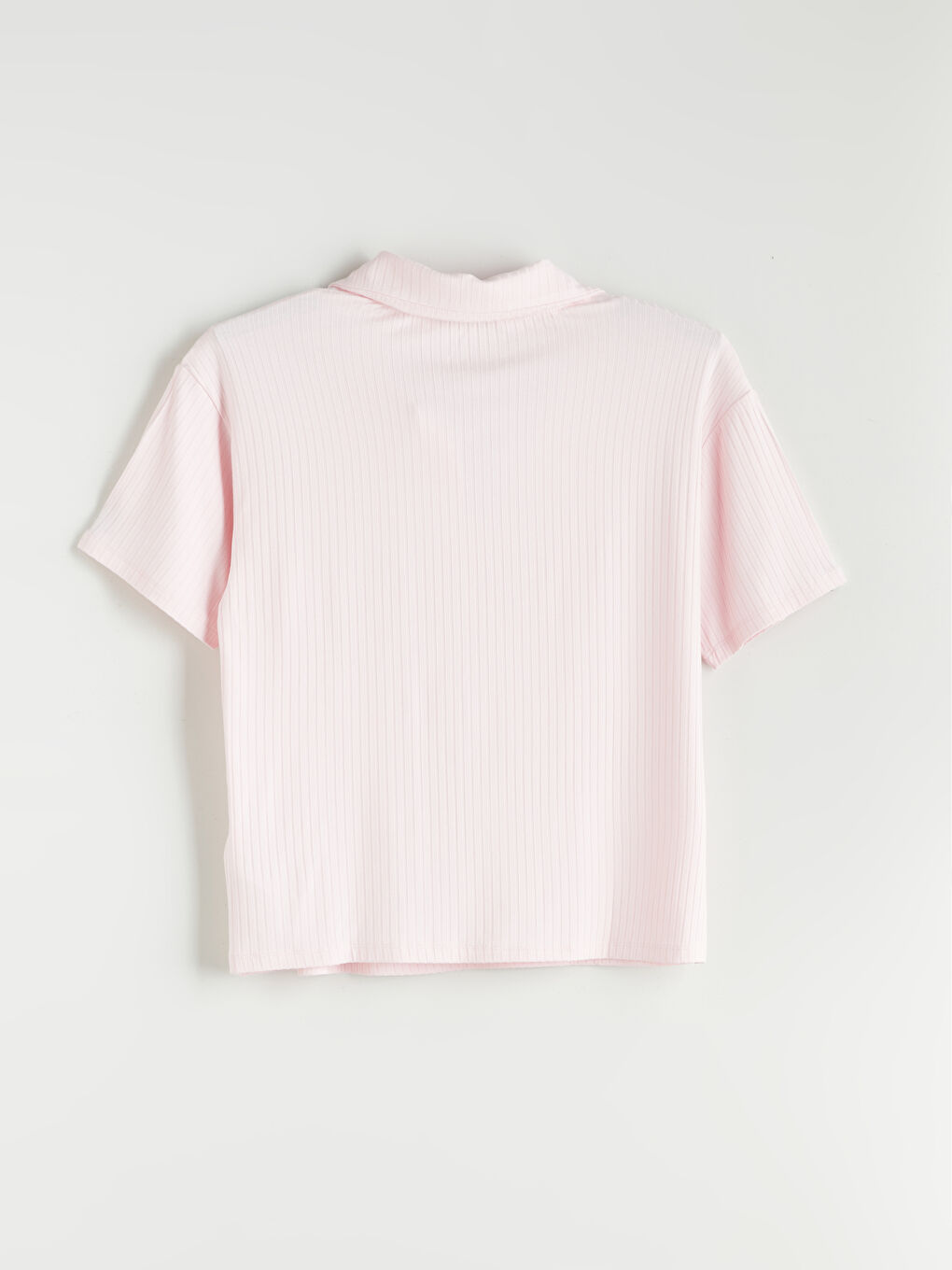 Pembe Polo Yaka Dokulu Kadın Tişört-5