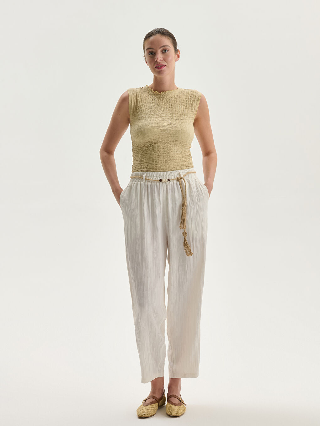 Elasticated Waist Textured Women's Trousers -S5NP90Z8-FEW