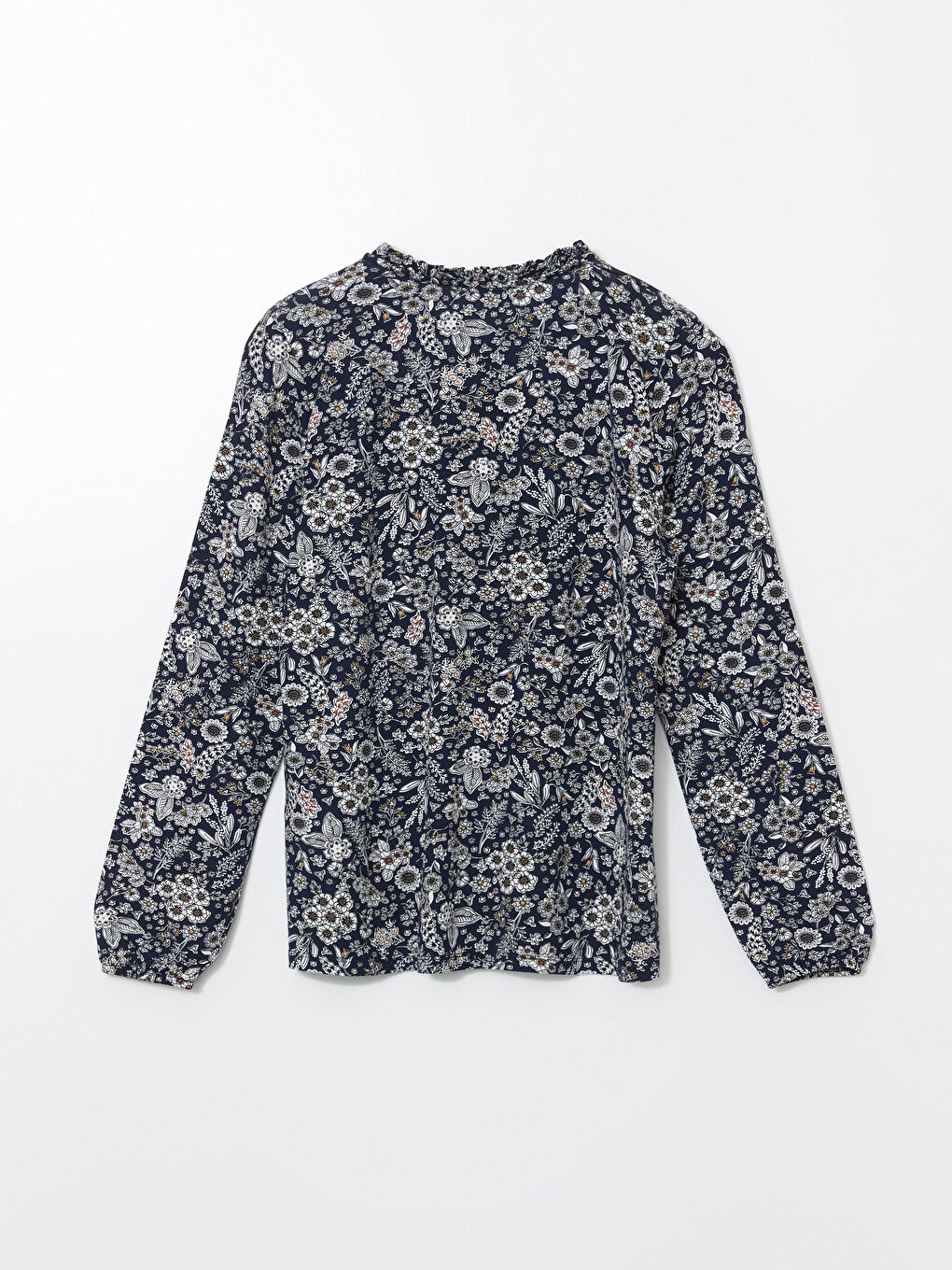 Lacivert Bağlamalı Yaka Çiçekli Bluz-5