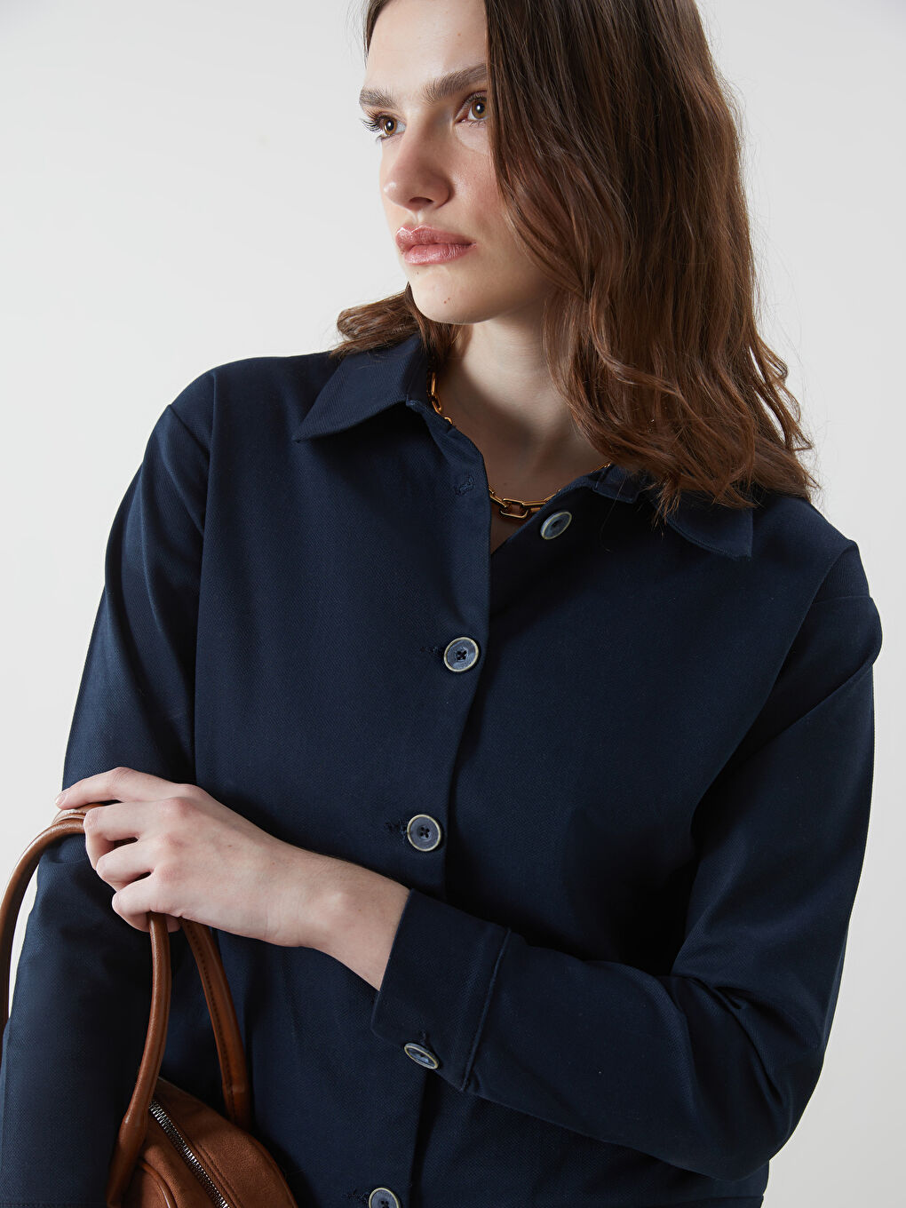 Lacivert Gömlek Yaka Gabardin Kadın Ceket