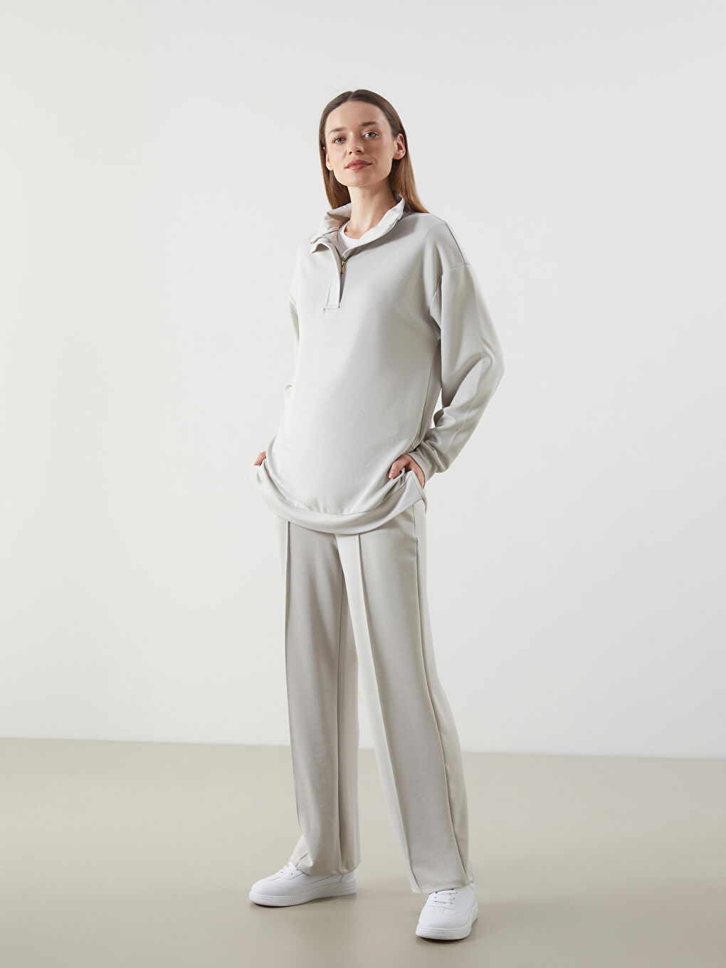 Gri Dik Yaka Kadın Sweatshirt Tunik-1