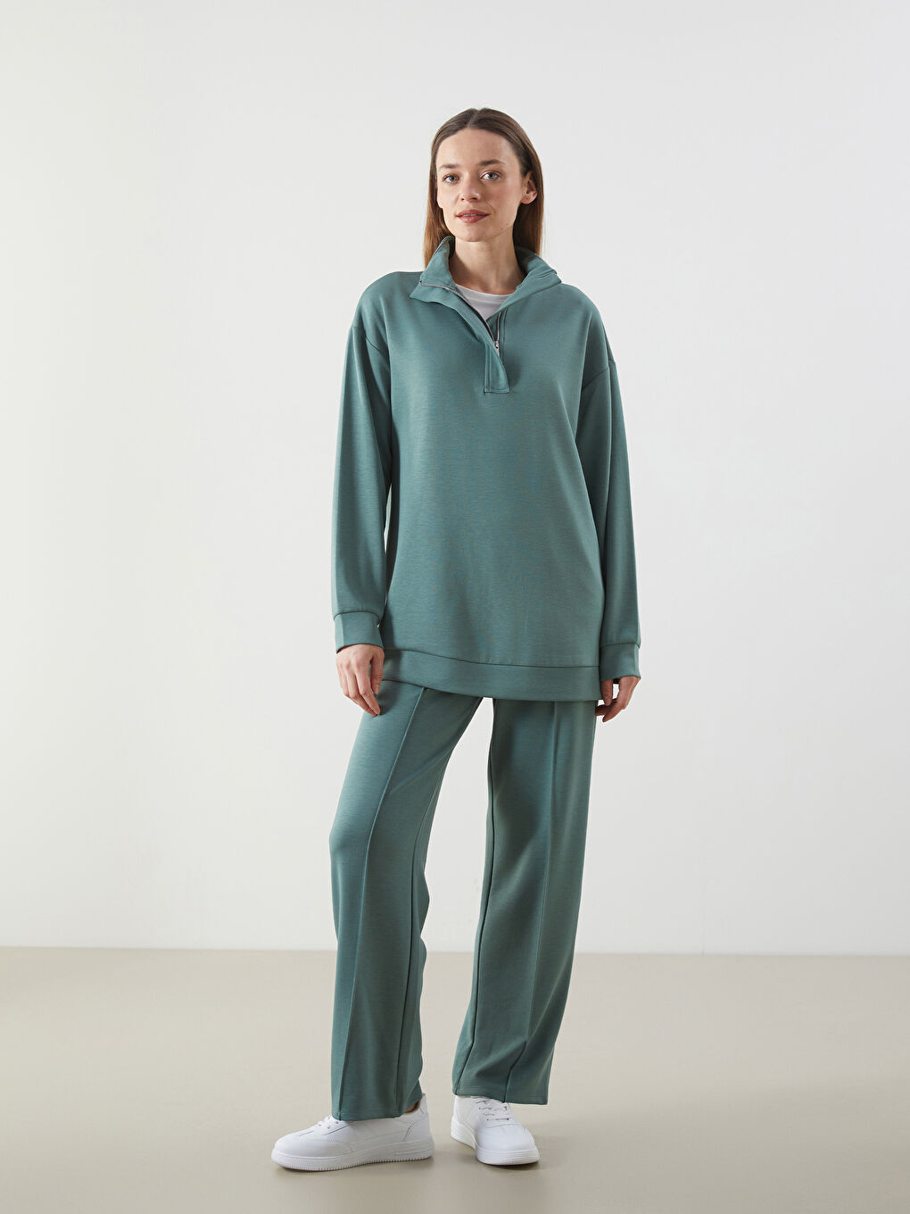 Yeşil Dik Yaka Kadın Sweatshirt Tunik-1